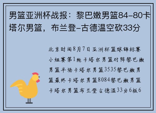 男篮亚洲杯战报:黎巴嫩男篮84-80卡塔尔男篮,布兰登-古德温空砍33分